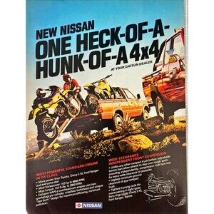 Nissan "One Heck of a Hunk of a 4x4 Pick-up Truck" Vintage Print Ad 1983